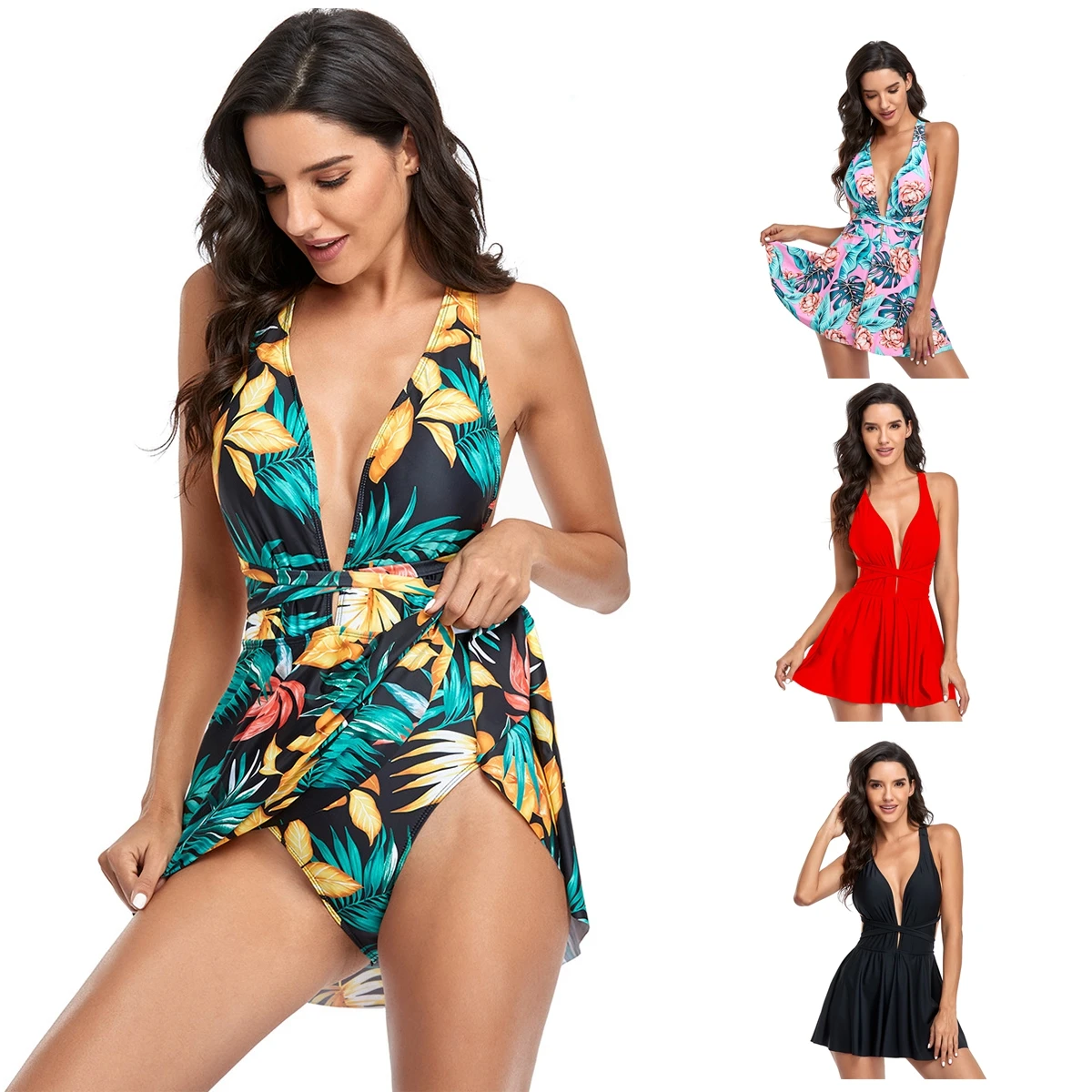 

XMTOPYE 2021 Sexy One Piece Swimsuit With Skirt Cross Bandage Beachwear Deep V Print Solid Bathing Suit see through Women