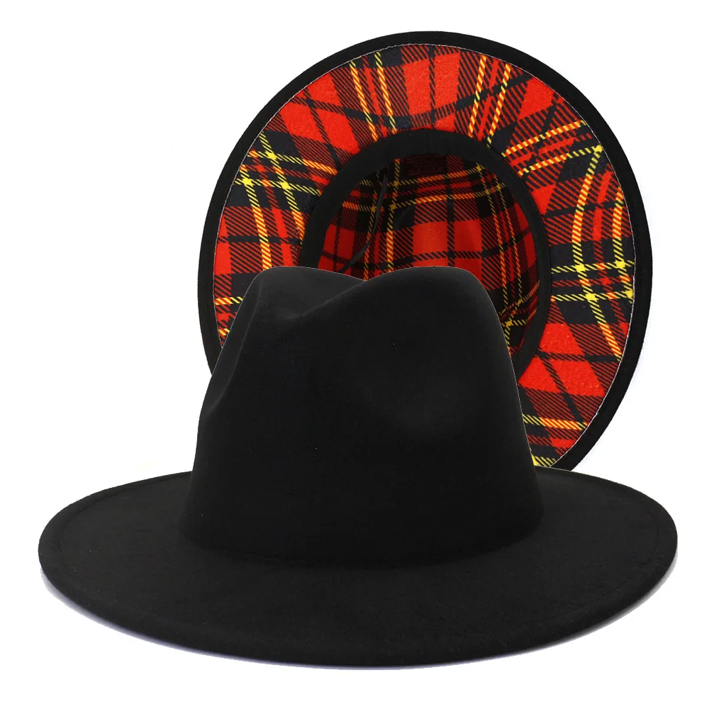 

Black and Red Plaid Bottom Patchwork Wool Felt Jazz Fedora Hats for Women Men Wide Brim Two Tone Party Wedding Formal Hat Cap