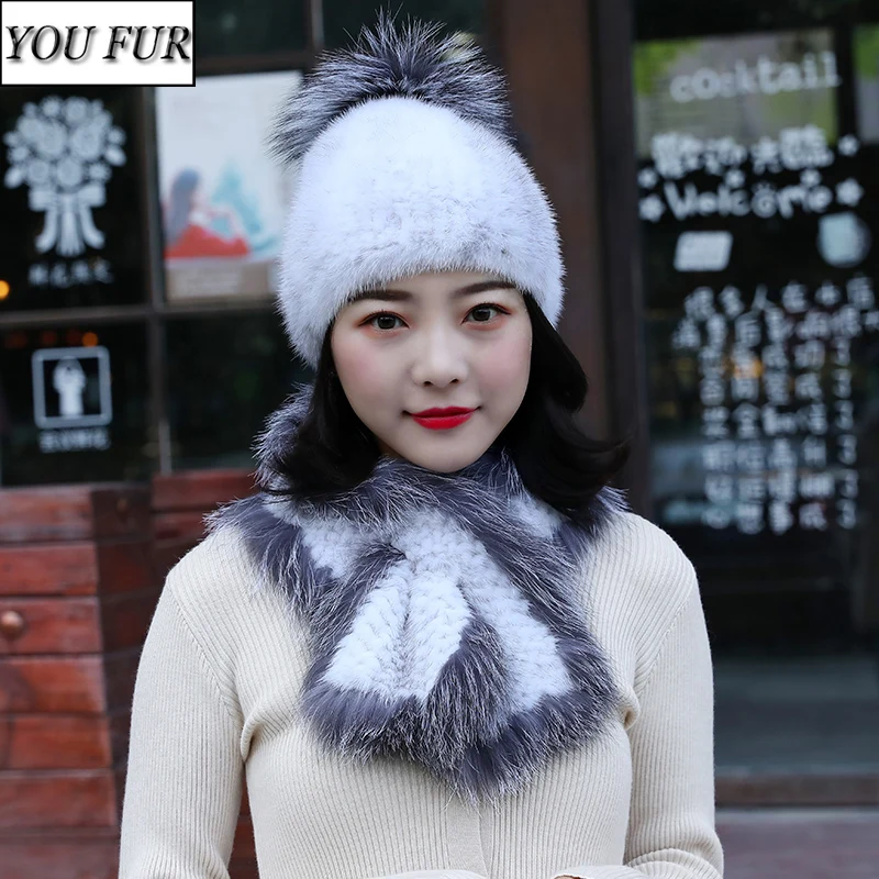 

New Hand Knitted Natural Warm Fur Cap Scarves Sets Women Winter Real Mink Fur Hat Scarf Sets Girls Quality Real Fur Hats Muffler