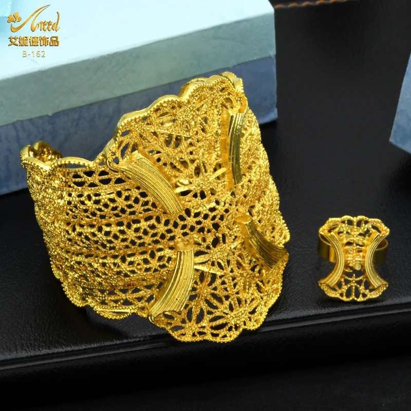 

ANIID Nigerian Adjustable Gold Color Bangles With Ring For Women African Gold Plated Bracelets Indian Jewellery Bangle Gifts