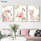 Картина на холсте, с единорогом, фламинго, оленем, плакат для детской