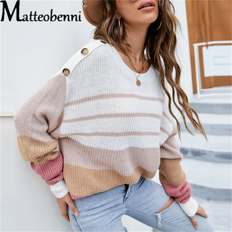 

Ladies Knitwear Striped Long Sleeve Fashion Wild Loose Casual Contrasting Color Sweater Autumn Winter 2021 New Sexy Pullover Top