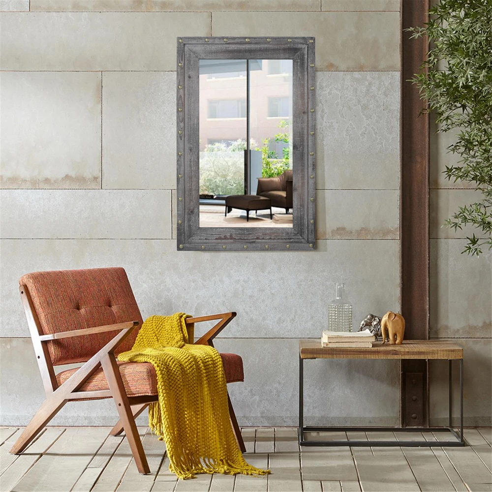 

Artisasset Wood Rectangle Iron Wall Mirror Decorative Mirror Brown 74x114x4.5CM[US-Stock]