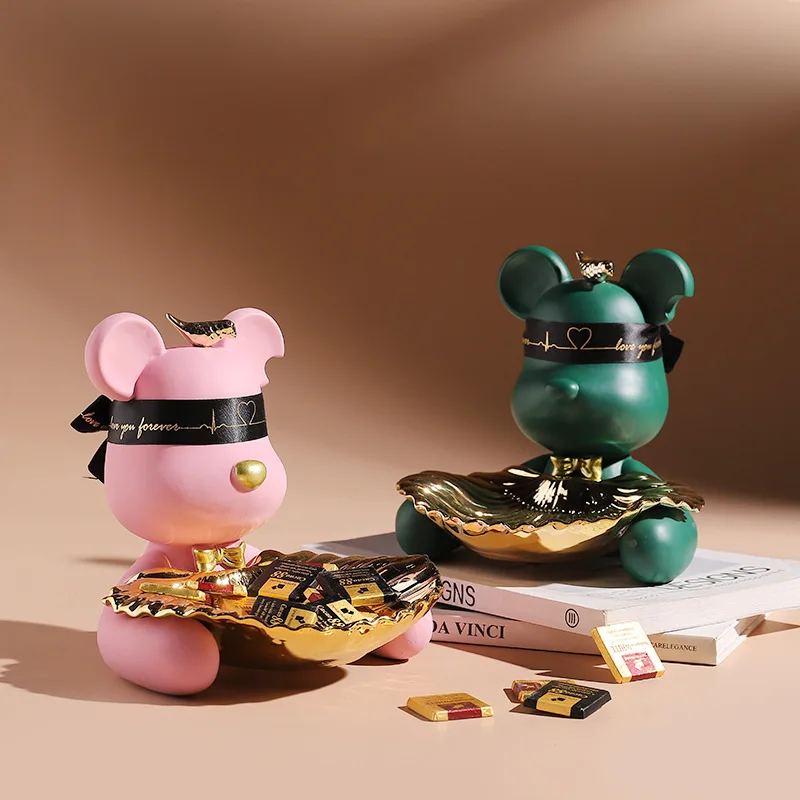 

Teddy Bear Statue Violent Bear Statue with Metal Tray Storage Key Candy Fruit Home Decoration Dining Table Room Decoration