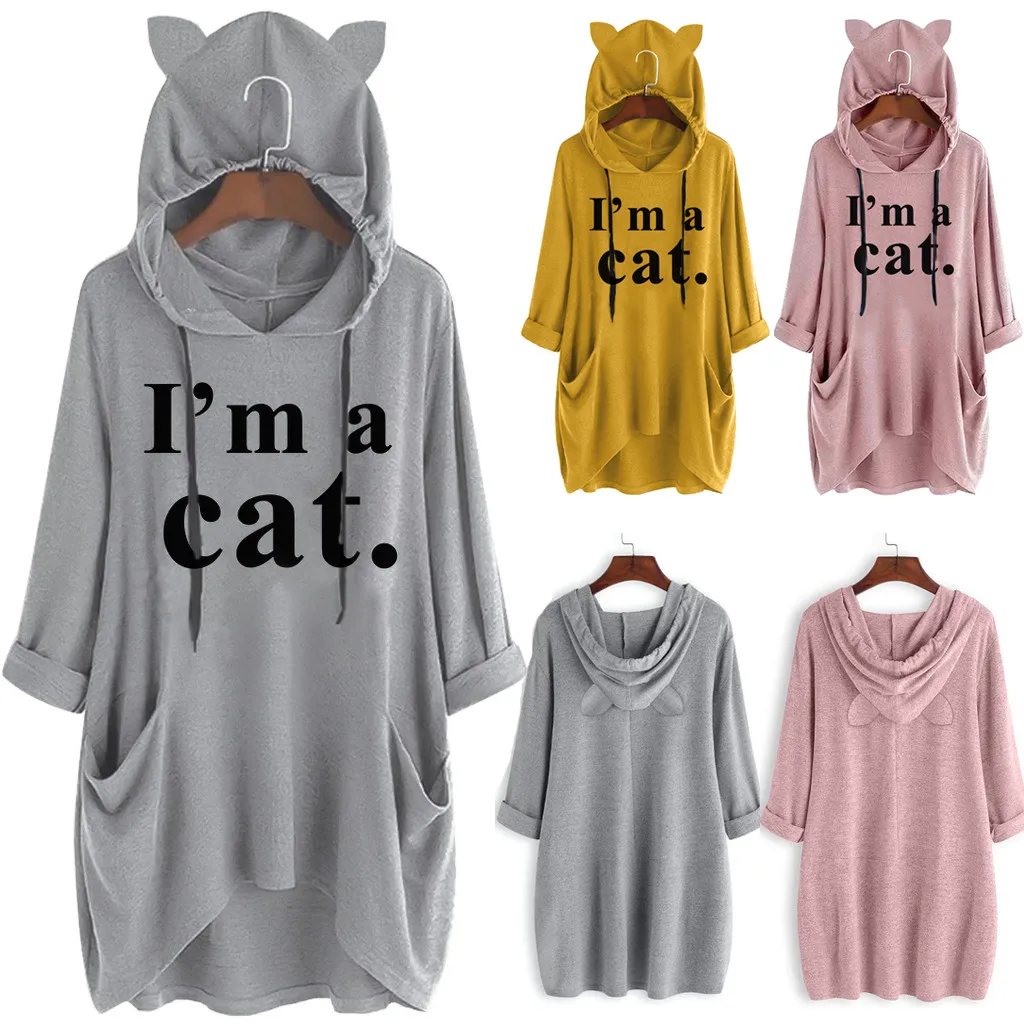 Харадзюку худи с кошачьими ушами для женщин kawaii I Am A Cat с буквенным принтом толстовка с капюшоном Большие размеры Топы Блузка с карманами верхняя одежда