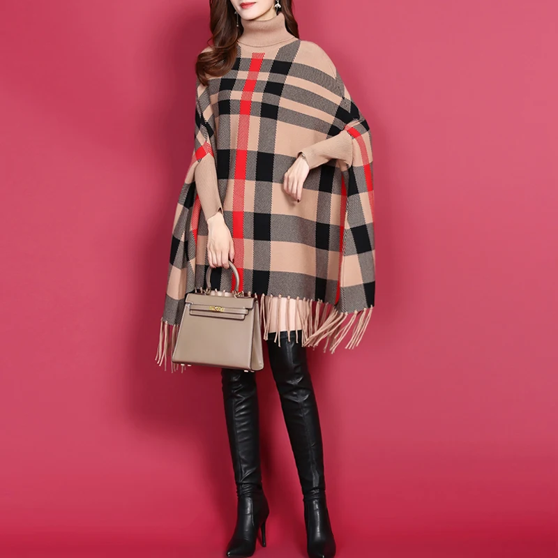 

ZJZLL 2021 Winter Batwing Sleeves Loose Mink Velvet Plaid Pullover Turtleneck Plus Size Capes And Poncho Women Clothing Cloak