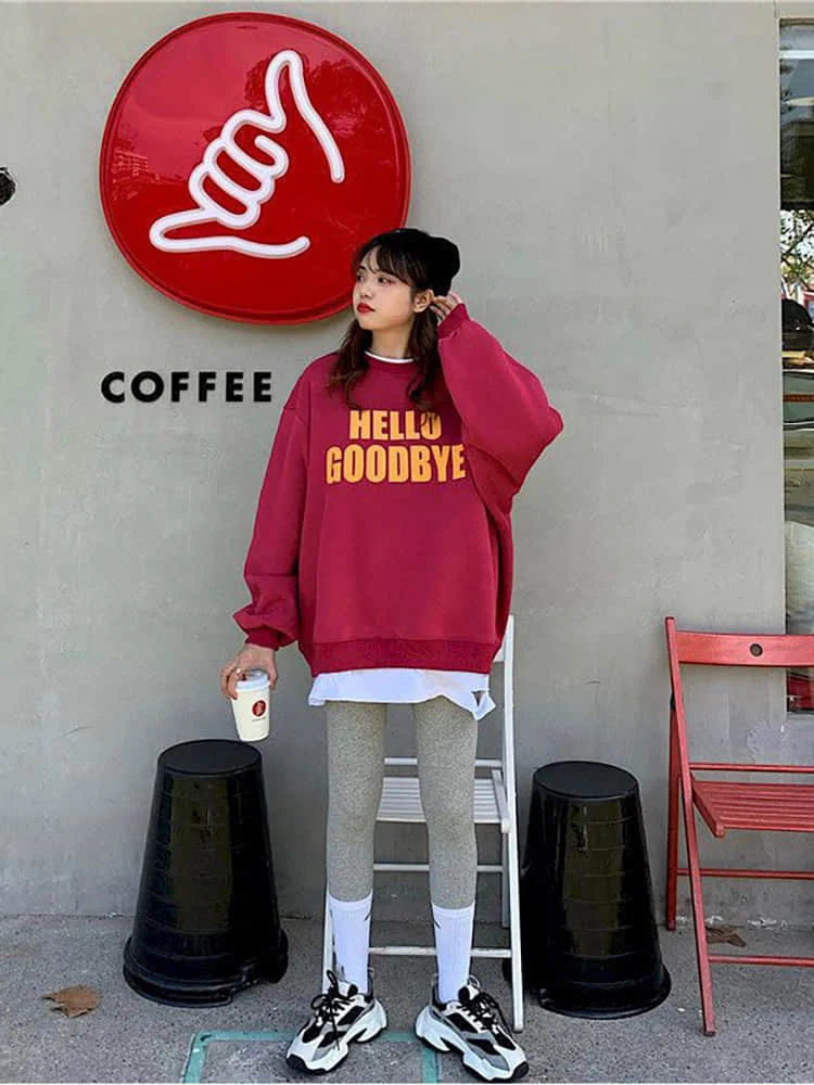 

New Autumn Spring Casual Women Sweatshirts Fake 2 Pieces Oversize Lady Pullovers Printed Letters Tops Clothes Streetwear