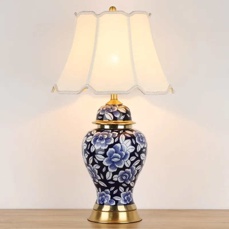 

70cm Luxurious Chinese Blue And White Ceramic Table Lamp for Foyer Bed Room Study Decor Modern Porcelain Fabric Desk Light 1923