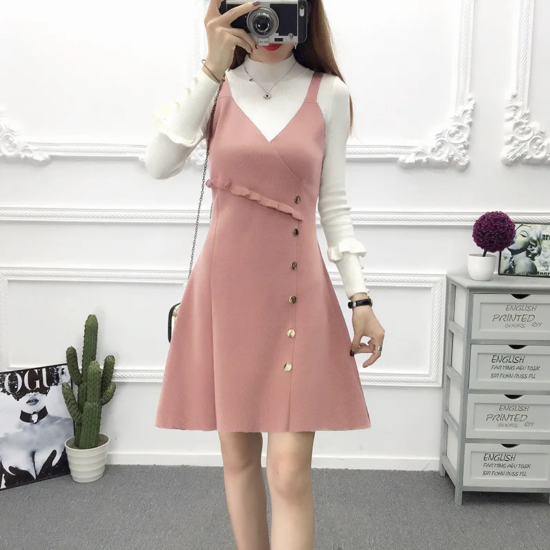 Vest skirt Pink Корейское женское вязаное платье с глубоким v-образным вырезом без рукавов, повседневные платья-майки, женское платье, новинка, шерстяное платье, свободное платье на весну и осень - Цвет: Vest skirt Pink