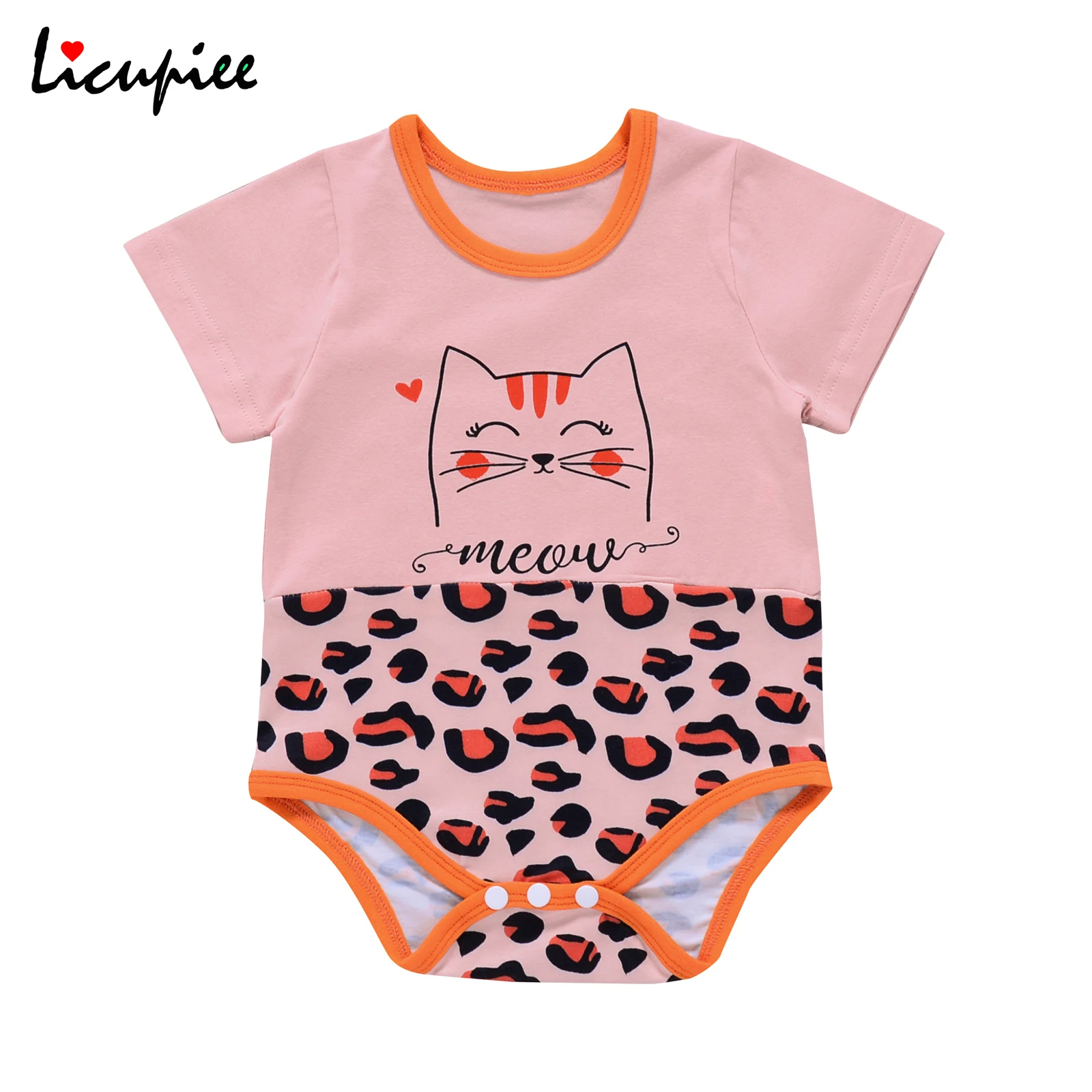 

0-24 Months Baby Girl\u2019s Summer Short-sleeved Jumpsuits Cute Cat Leopard Stitching One-piece Triangle Romper