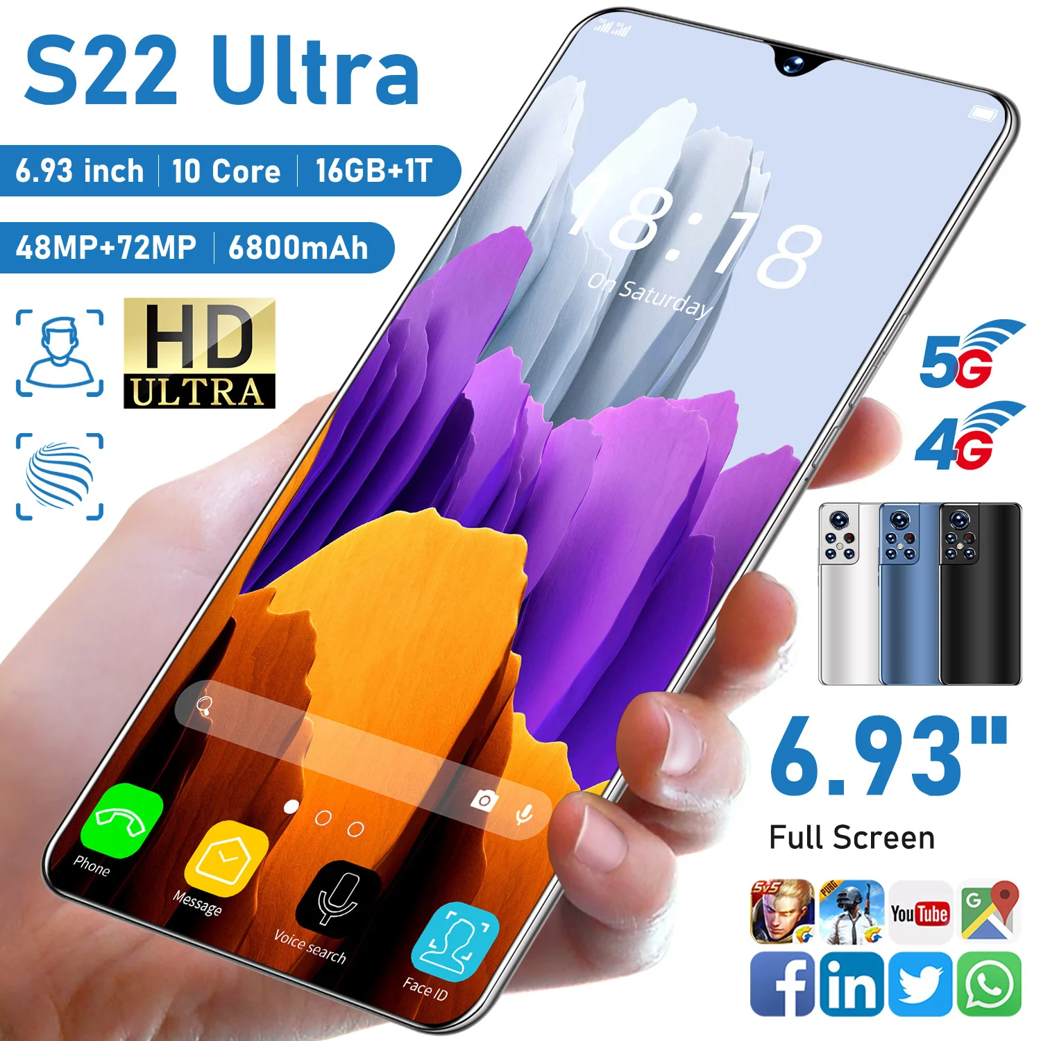 

Смартфон S22 Ultra 16 + 1T, 6,93 дюйма, 48 Мп + 72 МП