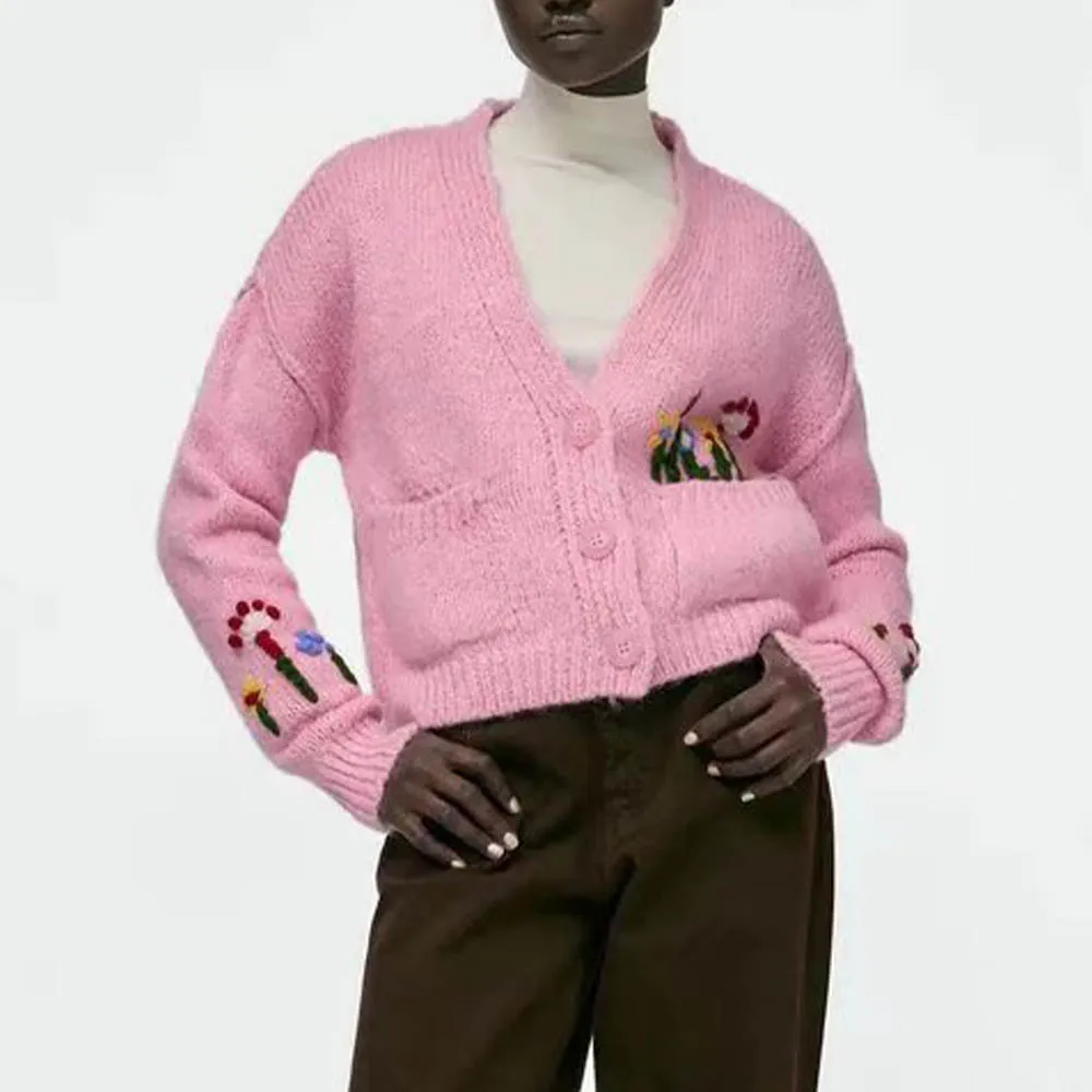 

Women's 2021 Spring and Autumn Fashion New Flower Printed Jacquard Knitted Jacket Casual Retro V-neck Female Chic Sweater