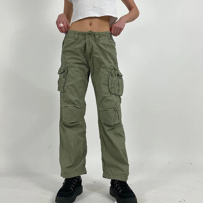 

Sunny y.j. Low Waist Green Cargo Pants Women Streetwear Hip Hop Baggy Straight Leg Pants Pockets Vintage Harajuku Y2K Aesthesti