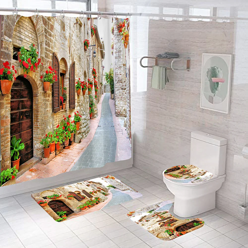 

3D French Street Pattern Fabric Shower Curtain Non-Slip Rugs Toilet Lid Cover Bath Mat Waterproof Bathroom Curtains with Hooks