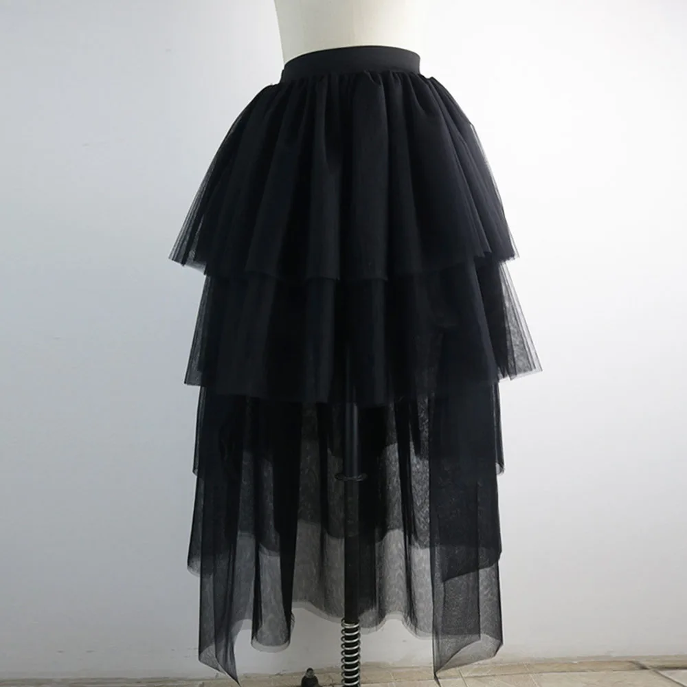 Модные ассиметричной юбкой Женские однотонные черный белый цвет Многослойные
