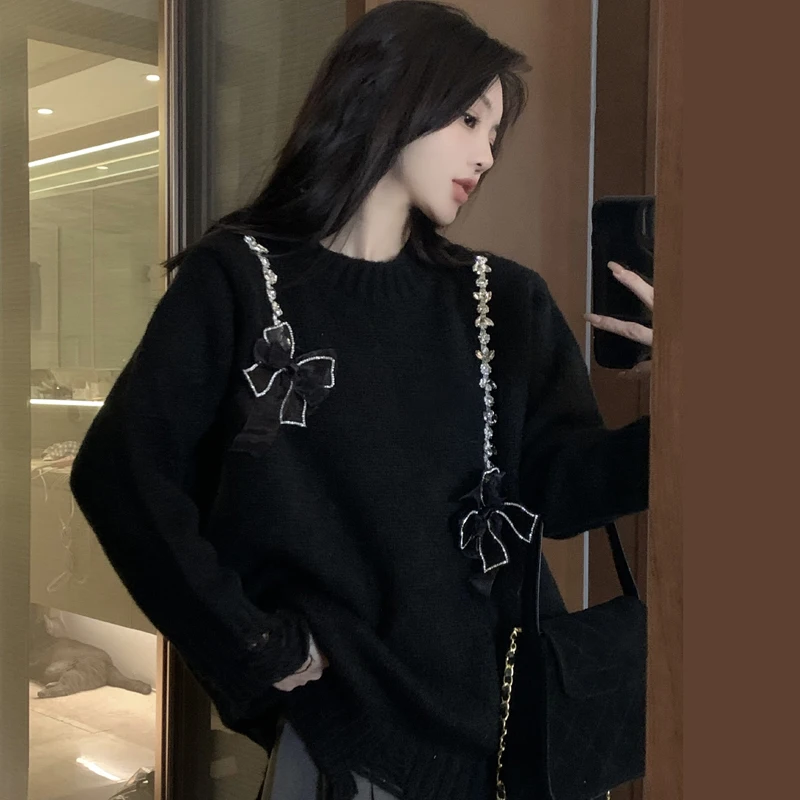 Пуловер Harajpoo женский с черным бантом вязаный Осень-зима 2021 новинка