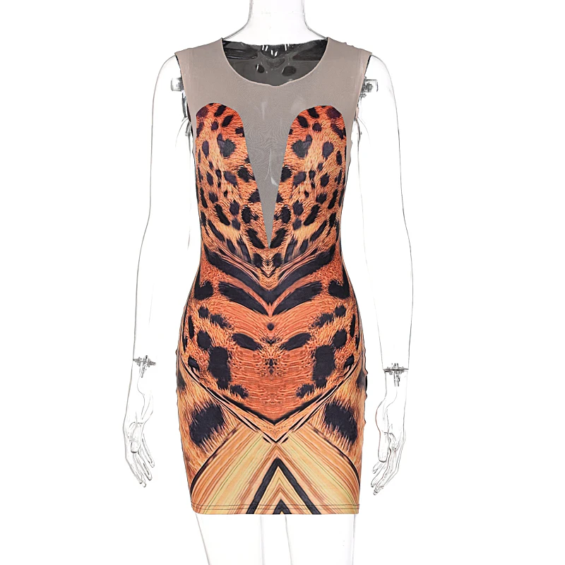 Hugcitar 2021 кружевное мини-платье без рукавов с принтом тигра и круглым вырезом