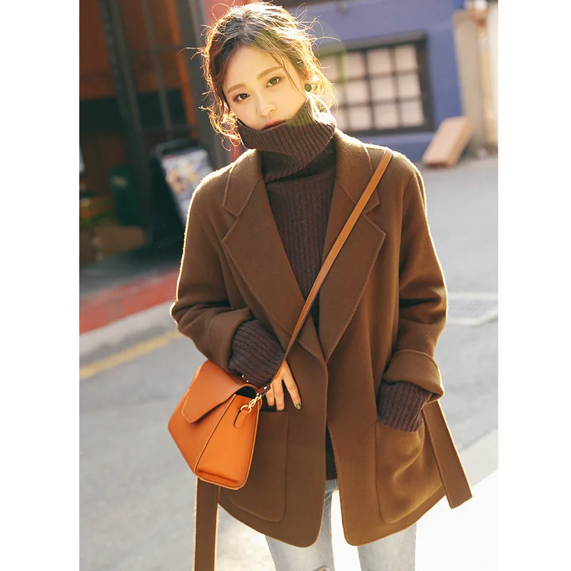 Winter Korean Women Wool 100% Coat Robe Style High Street Large 2 Pockets Double Faced Handmade Short Design with Belt | Женская одежда