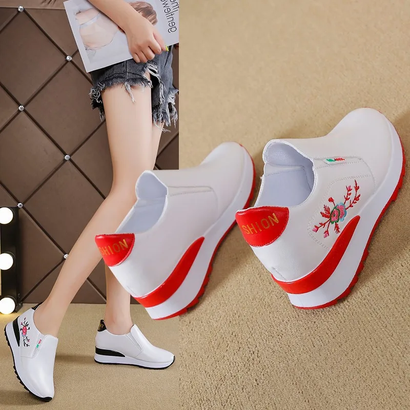 

New Height Increasing Insole Women's Shoes White Shoes Wedge Sneakers Women Elastic Band Casual Embroidery Pumps