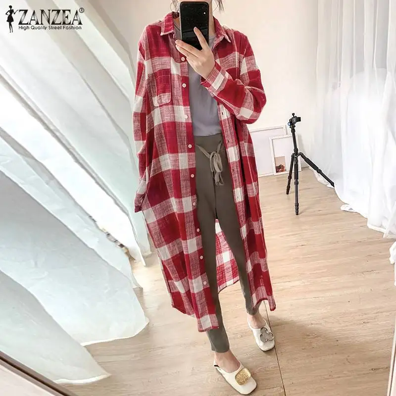 

ZANZEA 2021 Female Clothing Vintage Check Shirt Women Autumn Long Blouses Long Sleeve Coats Lapel Button Tunic Oversized Vestido