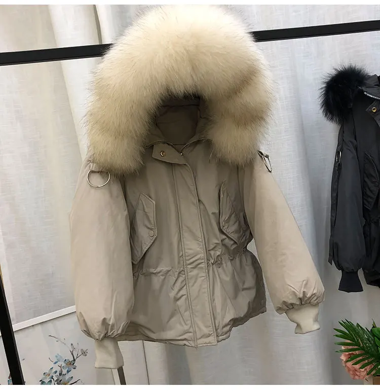 LUZUZI большой натуральный мех енота 2019 женский зимний пуховик с капюшоном Теплый