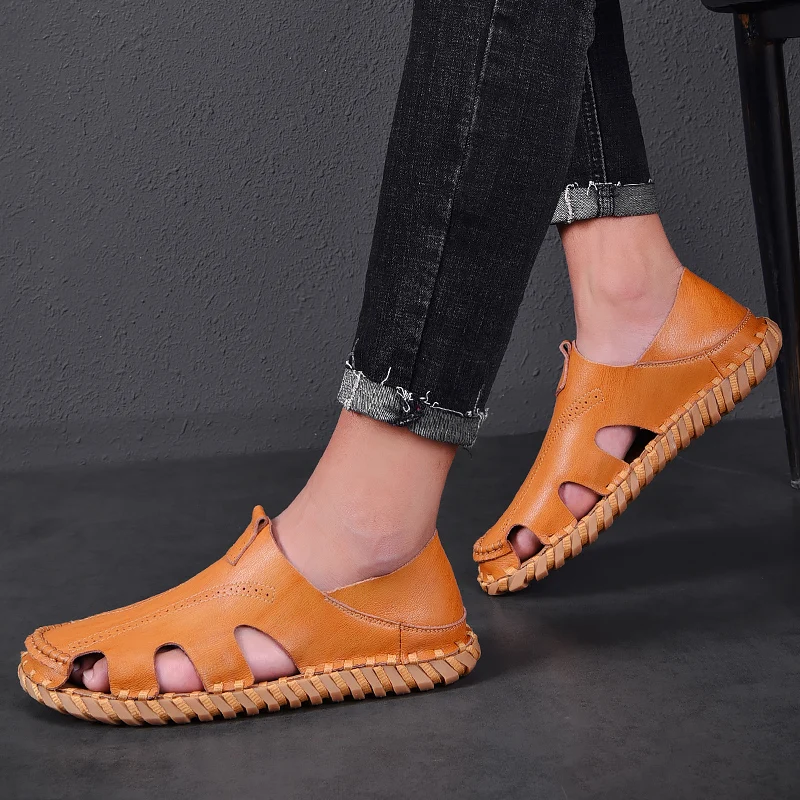 Сандалии мужские дышащие пляжная обувь с пряжкой Прошитые вручную гладиаторы