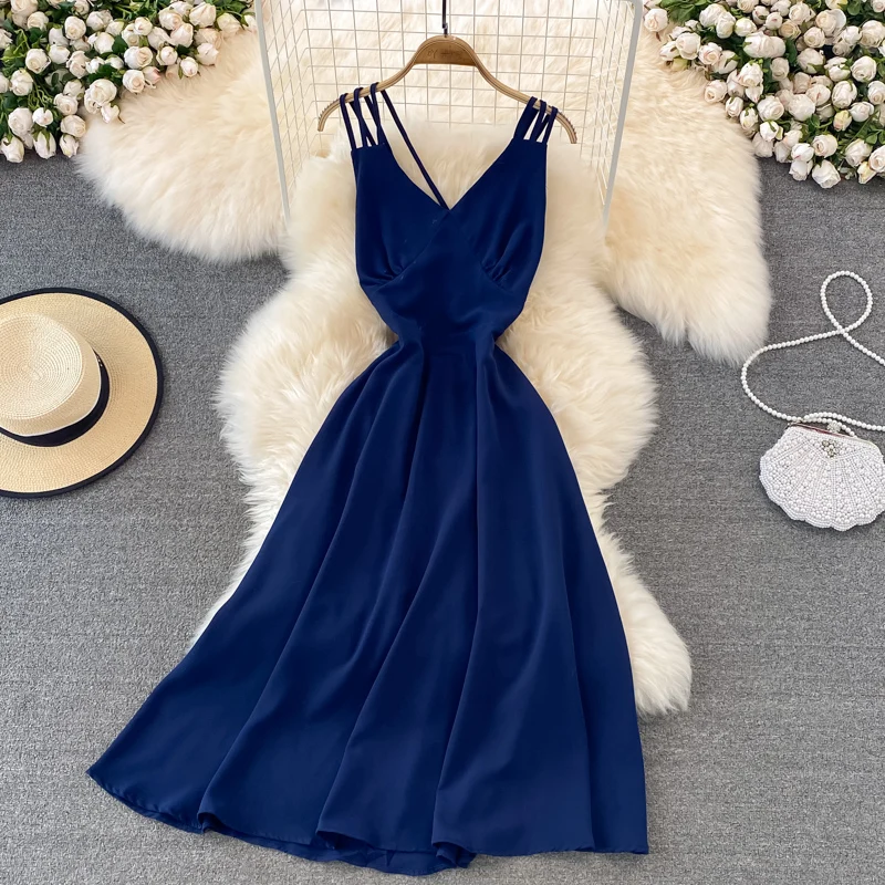 

Casual Seaside Vacation Boho Beach Dress 2022 New Chiffon Zipper Folds Cross Halter Sling Dress Elegant Sexy Solid V Neck Dress