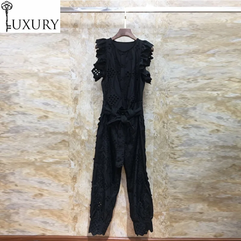 Fashion High Quality Designer 2020 Summer Style Women Hollow Out Embroidery Belt Patchwork Mid-Calf Jumpsuit Rompers
