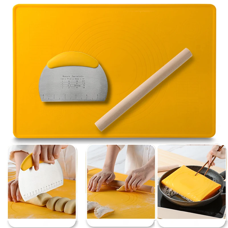 3Pc/set Silicone Baking Mat Stainless Steel Dough Cutter Scraper Non Stick Kneading Pad Rolling Pin for Kitchen Pizza Cake - купить по