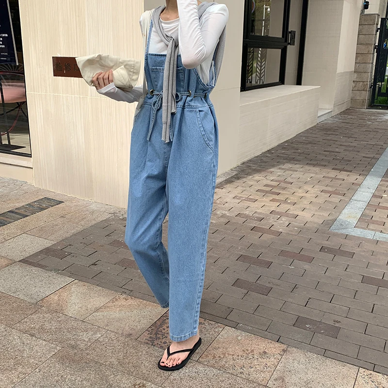 

Spring 2021 New Korean Style Tight Waist Slimming Sense of Design All-Match Lace-up Denim Suspender Trousers Women's Pants