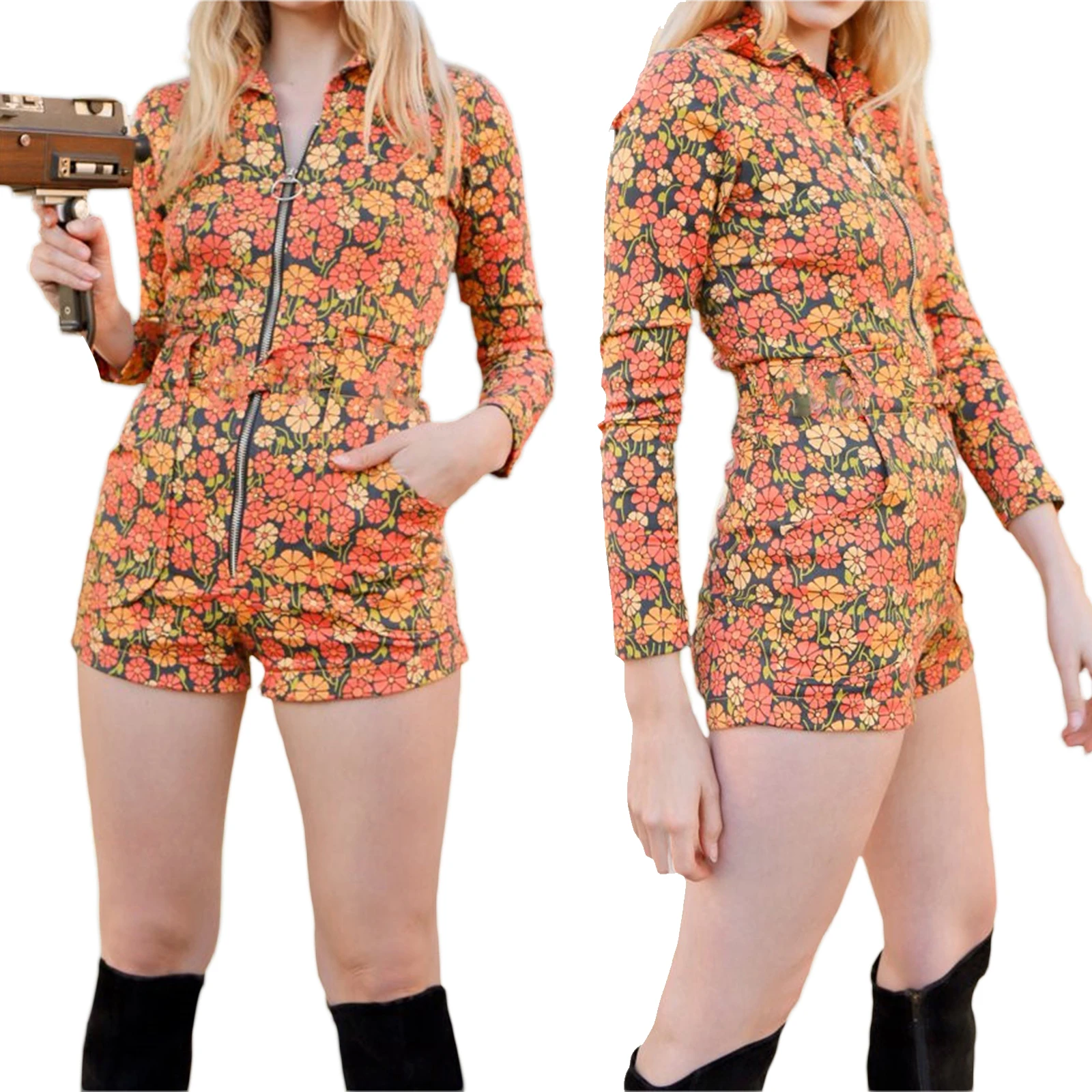 

2021 Women Floral Printed Pattern Overalls Lady Rompers Orange Long Sleeve Zipper Closure Playsuit Orange S/ M/ L/ XL