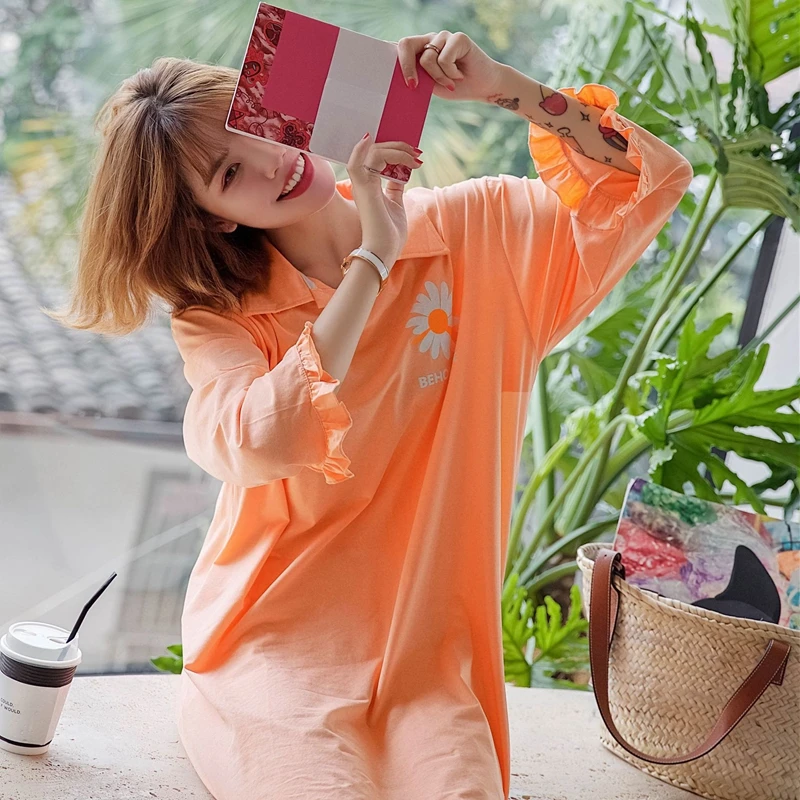 

2020 100% Cotton Nightshirt Collar Long Sleeve Nightdress Female Autumn Sweet Big Flower Lotus Leaf Sleepwear Loose Nightgown