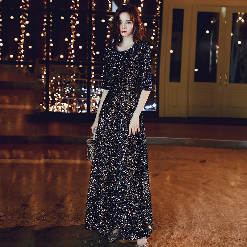 Новые Вечерние платья темно синего цвета с блестками круглым вырезом и