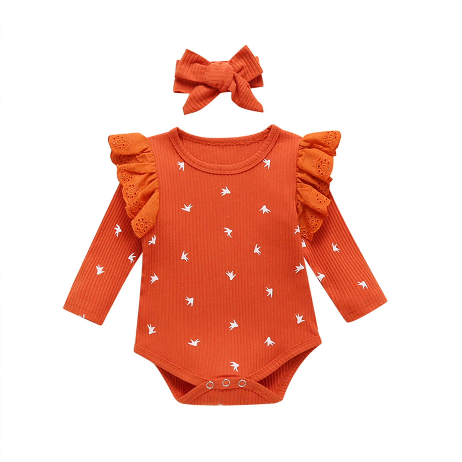 

2Pcs Baby Girls Ribbed Print Lace Bodysuits Long Sleeve O Neck Jumpsuits Headband Infant Toddler Autumn Spring Bodysuits 3-24M