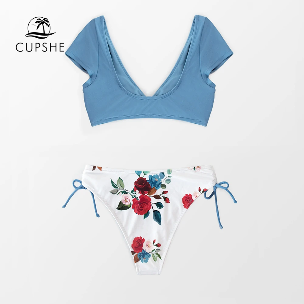 Женский купальник-бикини CUPSHE с бантиком рукавом-крылышком низкой талией голубым