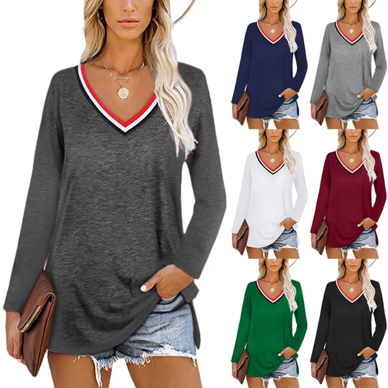 

Women Spring Autumn Long Sleeve V-neck TShirt Stripe Splicing Color Matching European American Stitching Casual Loose FemmeTops