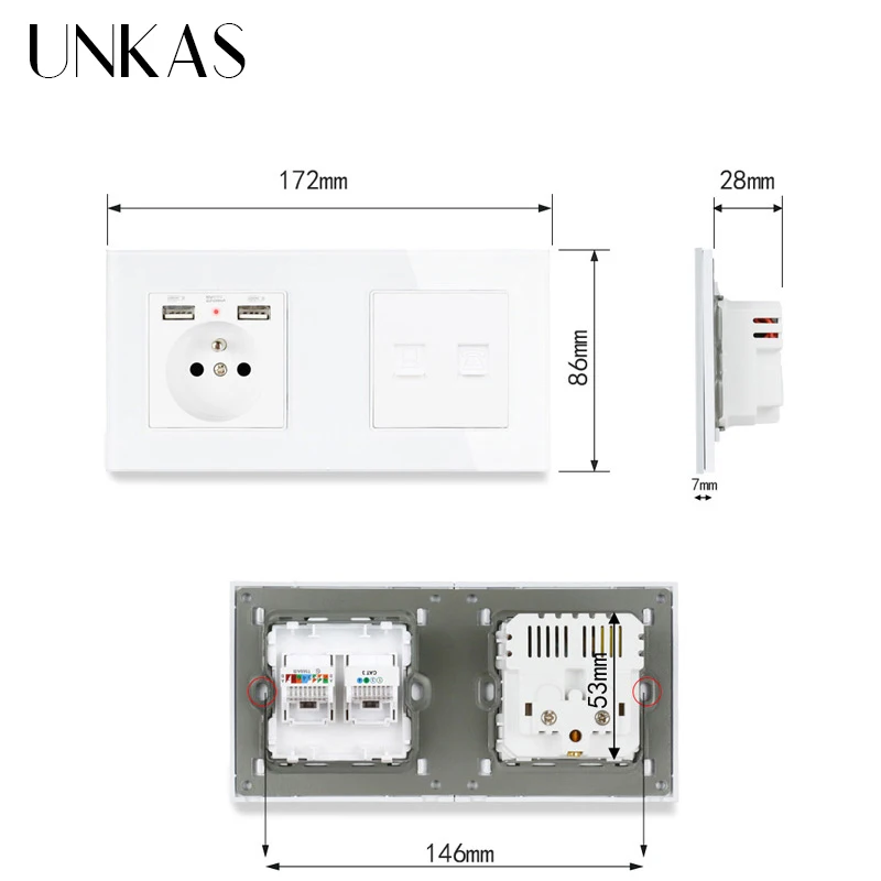 Французская стандартная настенная розетка UNKAS со стеклянной панелью и 2