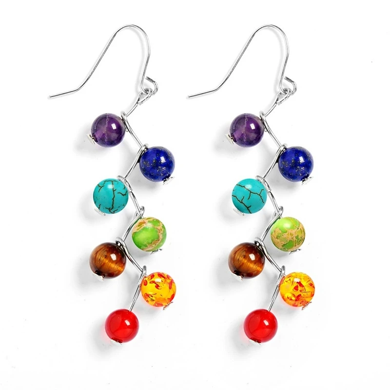 

New Fashion Personality Natural Stone 7 Chakra Beads Drop Dangle Earrings for Women Bohemian Jewelry Gifts