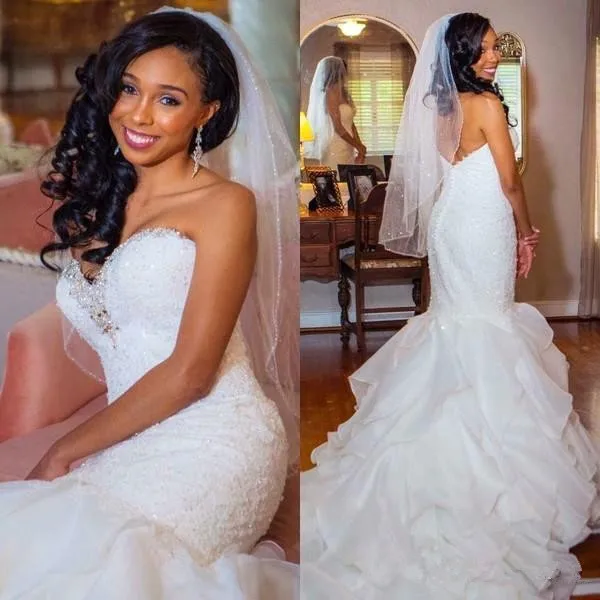 

Newest Mermaid Wedding Dresses Organza Lace Appliqued Beaded Sequins Sweep Train Sweetheart Castle Wedding Gown bridal gown