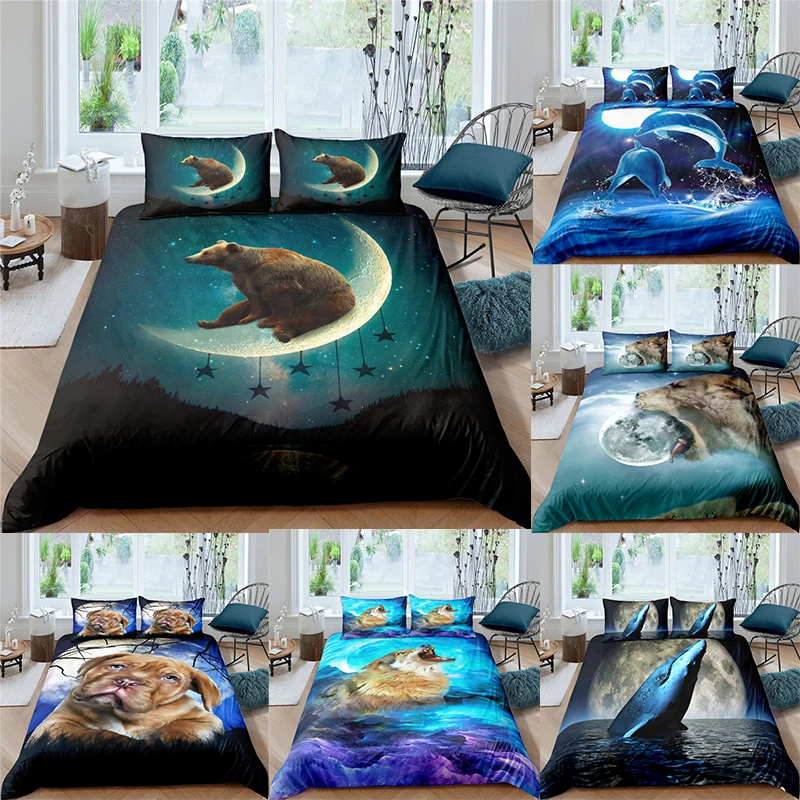 

3D Animal Bedding Set Blue Comforter Set Cute Duver Cover Set Whale Brown Bear Wolf Bed Cover Bedding Set King Queen Full Size