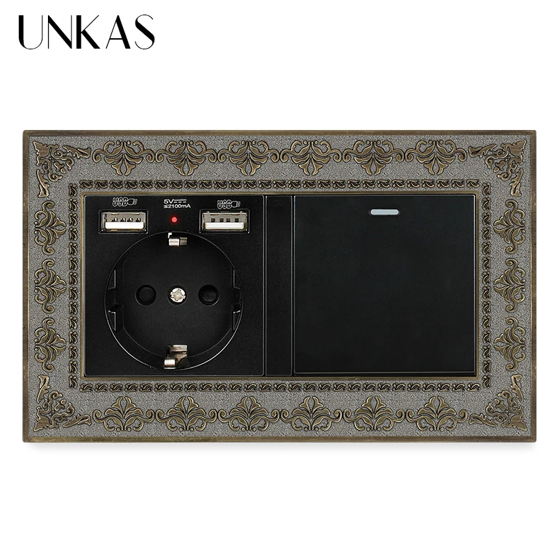 UNKAS 4D Zinc Alloy Metal Panel EU Socket Dual USB Port + 1 2 3 4 Gang / Way On Off Light Switch Embossing Retro Frame | Обустройство