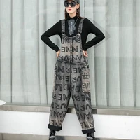 letters printed denim jumpsuit women loose casual long jumpsuits korean style vintage rompers big pocket summer overalls