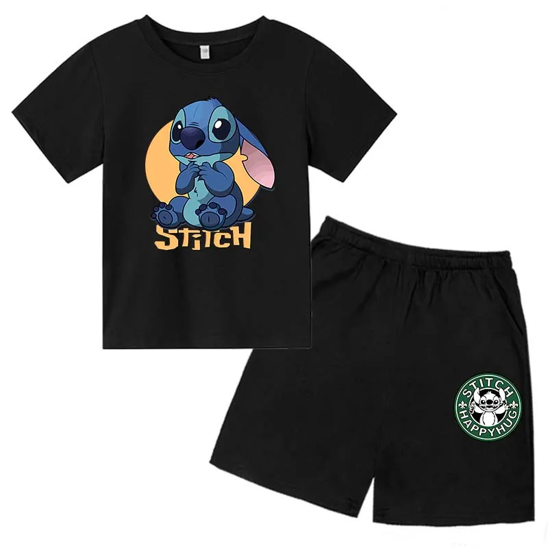 

New High-quality Fashion Hot-selling Children Stitch Print Short-sleeved T-shirt + Shorts Two-piece Cotton Sportswear