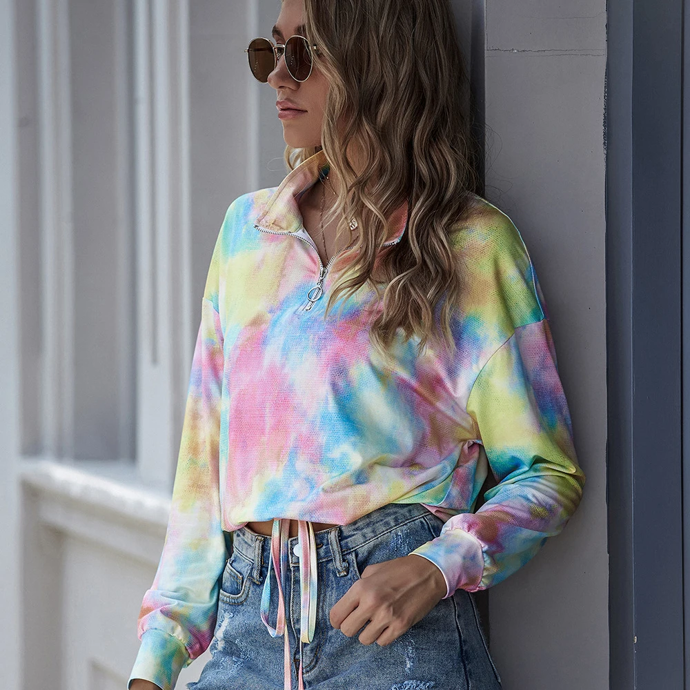 

Summer Casual Loose Fashion Zipper O Neck Print Tank Tops Full Sleeve T-shirt