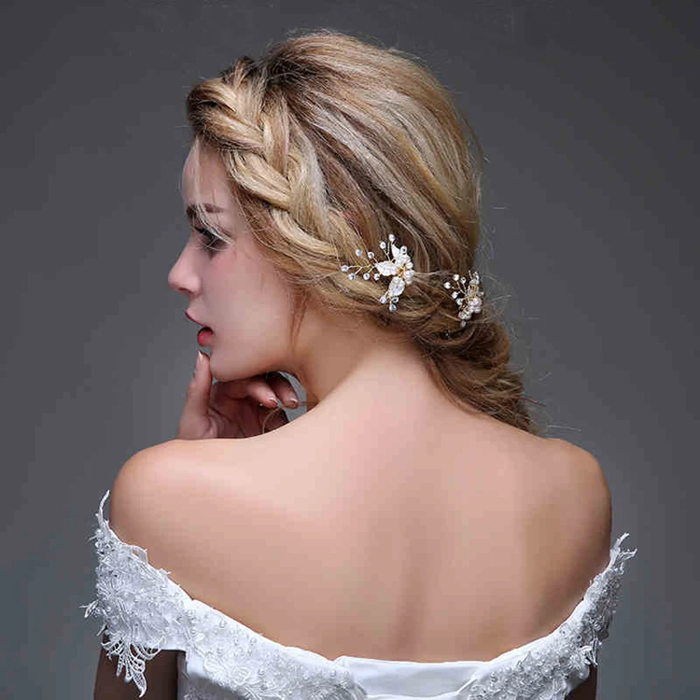 

O616 Romantic Handmade Bridal Headdress Alloy Pearl Crystal Flower Hairnip for Wedding Perform Studio Photo Prop Daily