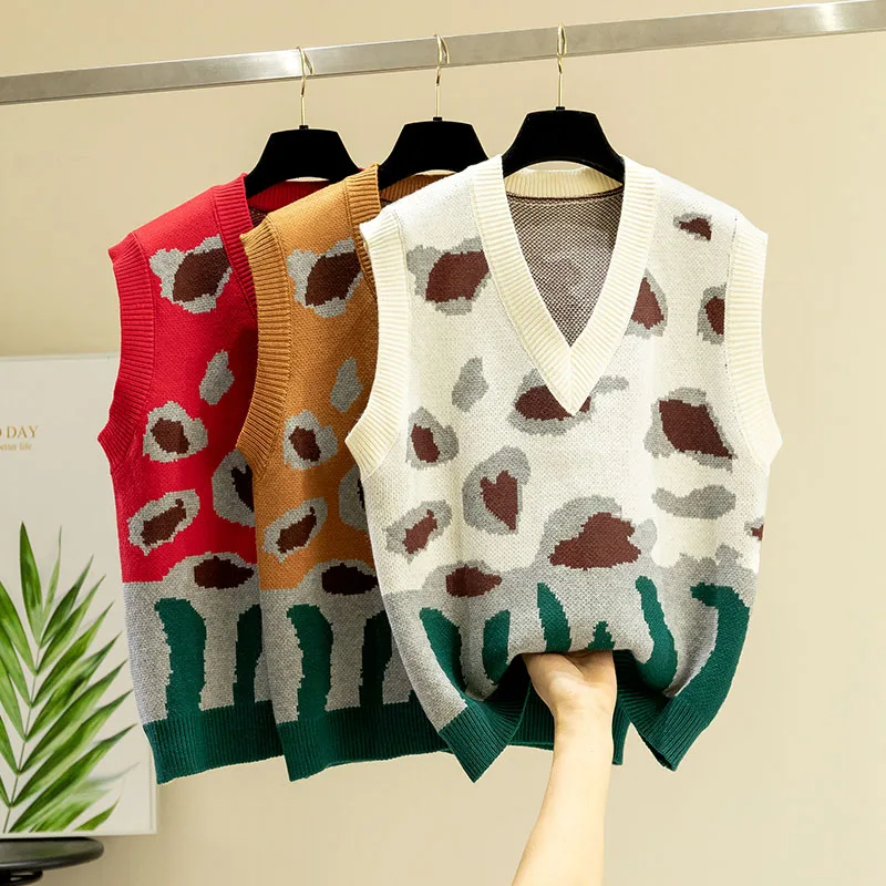 

Leopard Fashion V-Neck Knitted Vest Women's Sweater Autumn Oil Painting Style Korean Loose Pullover Vest Female Sleeveless Tops