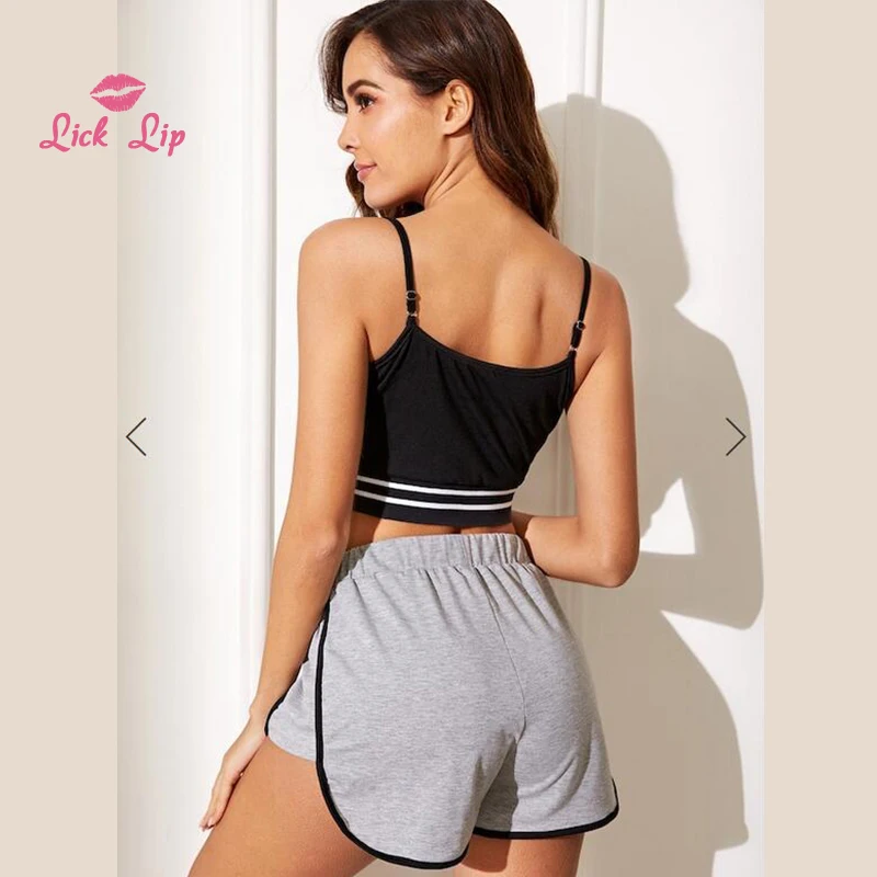 

Lick Lip Women's Pajamas Set Sexy Pajamas Set Striped Lace Pajamas Spaghetti Strap Tops and Shorts Two-Piece Set SWD19690-40