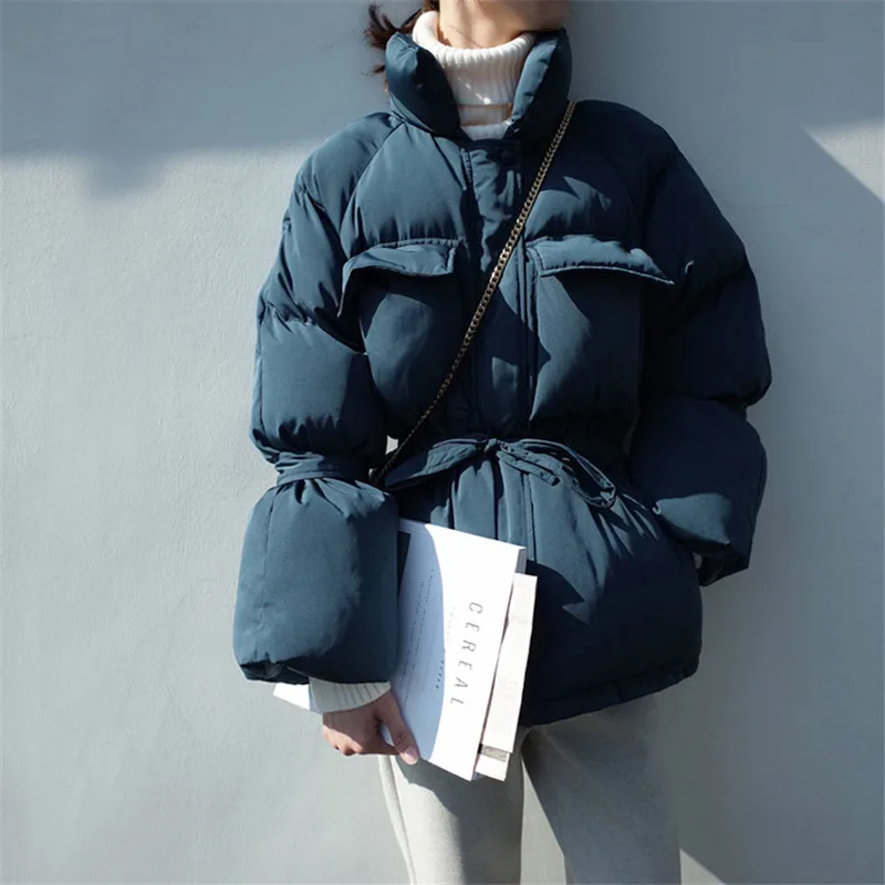YICIYA Solid Autumn Winter Down Jacket Women Stand Collar Warm Thick Drawstring Slim Long Sleeve Chic Coat Parka Female 2021