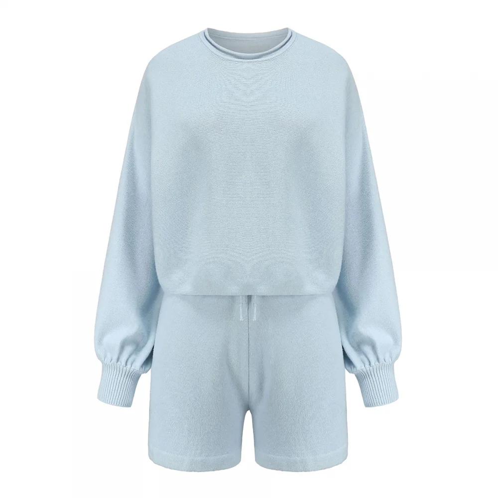 

Casual Women Suits Two Piece Sets Simple Solid Outfits Summer Autumn Lounge Wear Long Sleeve Top And Shorts Two Piece Women Sets