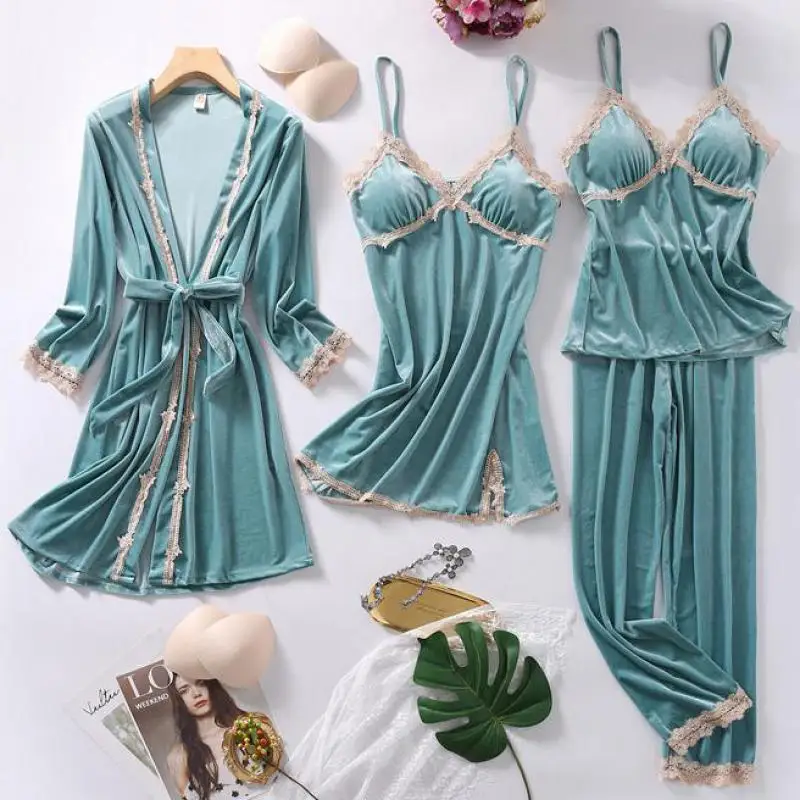 

Autumn New Gray Velour Kimono Bathrobe Gown 4PCS Pajamas Suit Women Sleepwear Intimate Lingerie Casual Velvet Nightwear